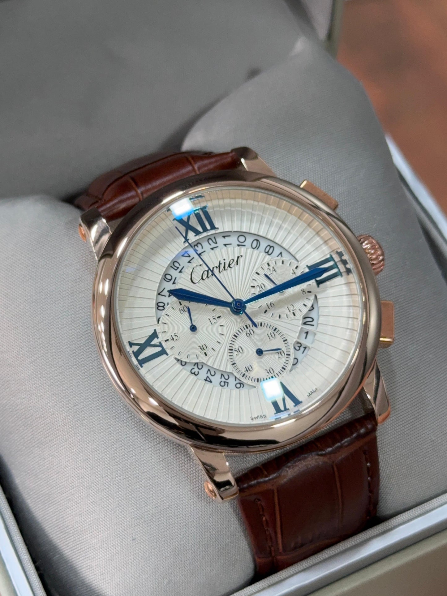 Men's Chronograph Watch - Rose Gold & Leather Strap