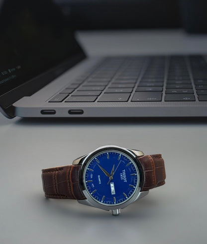 Men's Day & Date Watch - Blue Dial & Brown Strap