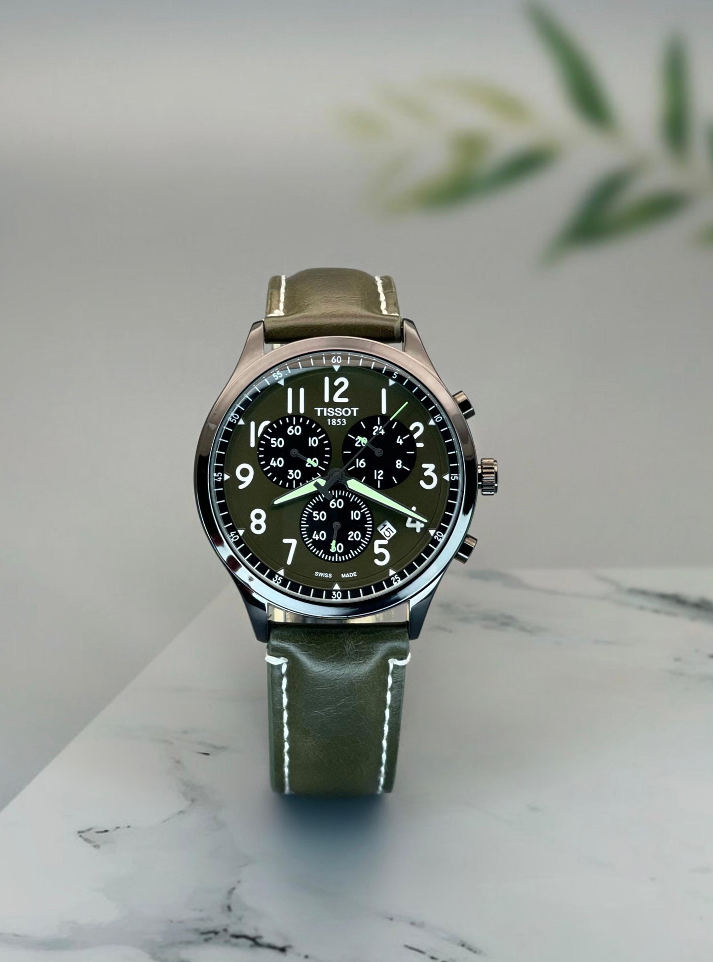 Men's Chronograph Watch - Green Dial & Leather Strap