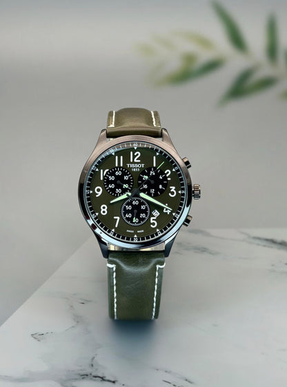 Men's Chronograph Watch - Green Dial & Leather Strap