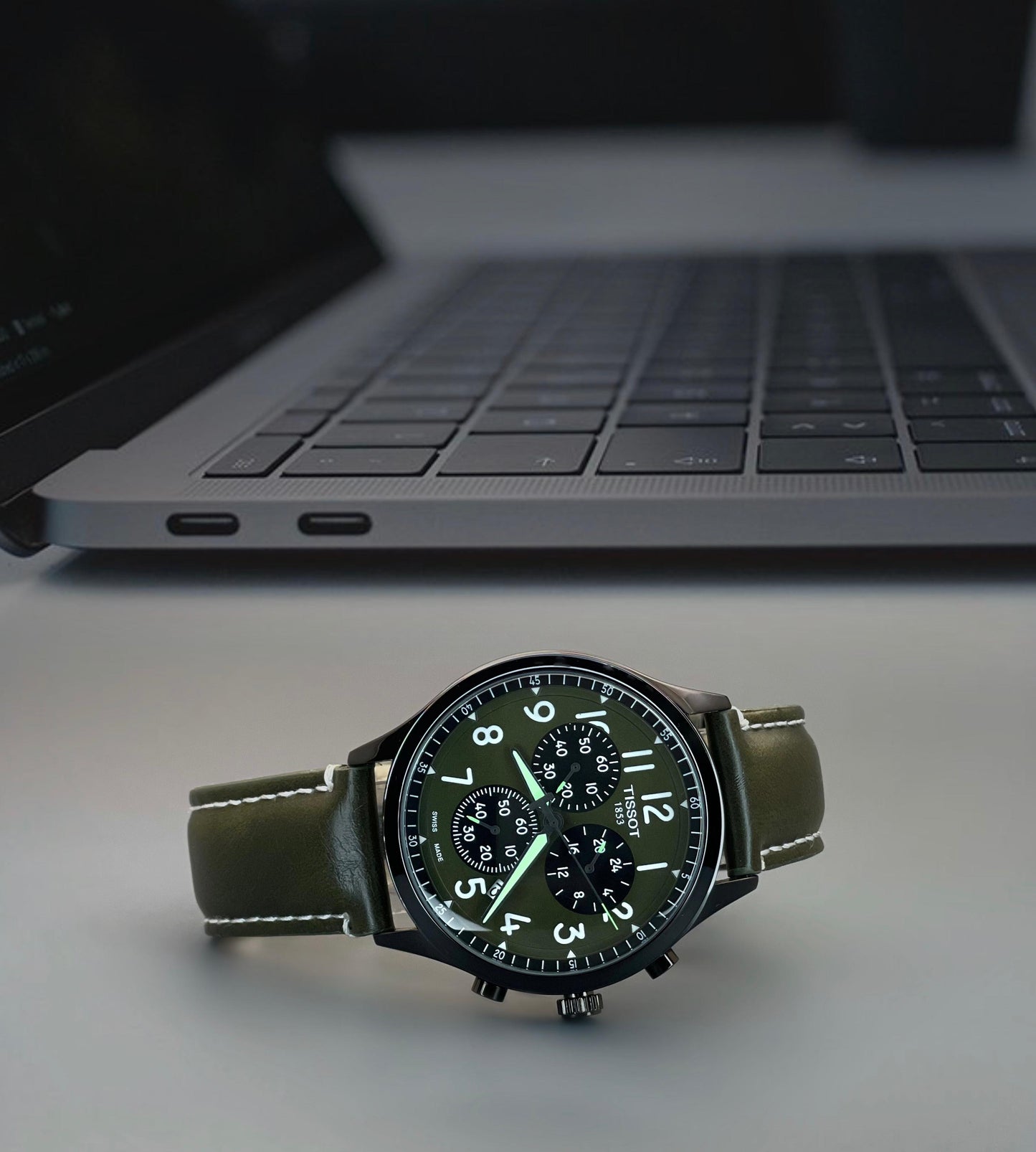 Men's Chronograph Watch - Green Dial & Leather Strap