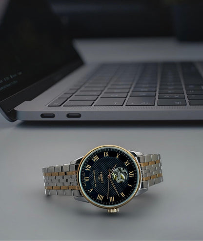 Men’s Mechanical Open-Dial Watch – Premium Two-Tone Design with Manual Winding Movement