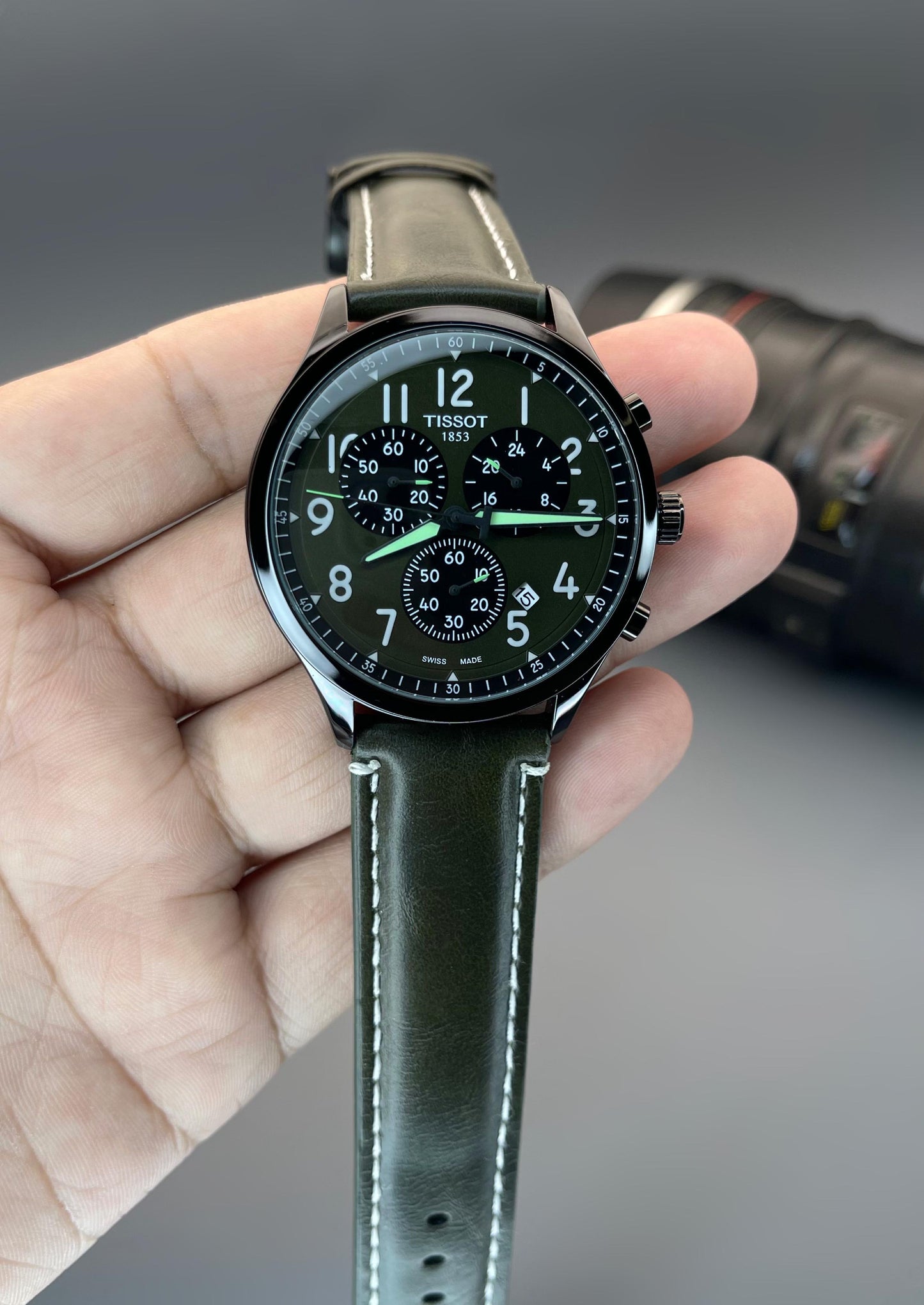 Men's Chronograph Watch - Green Dial & Leather Strap