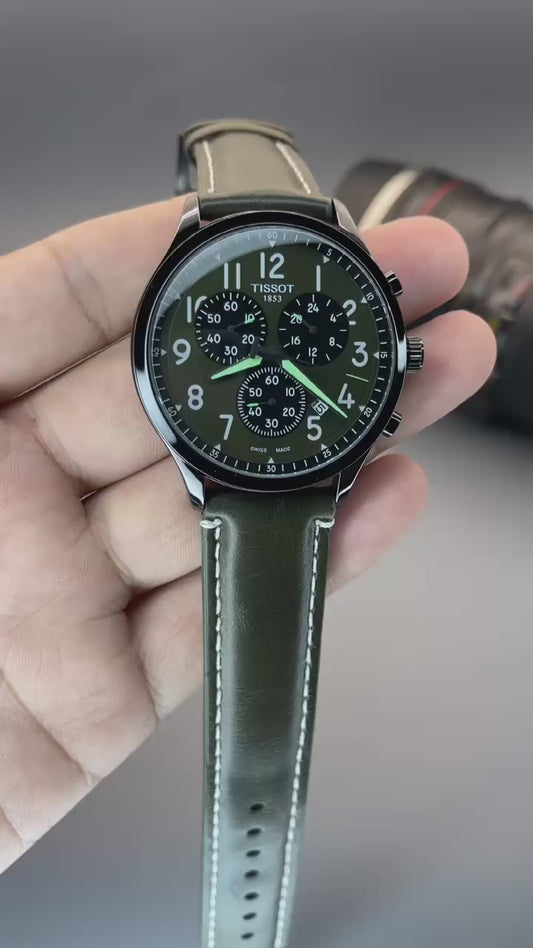 Men's Chronograph Watch - Green Dial & Leather Strap