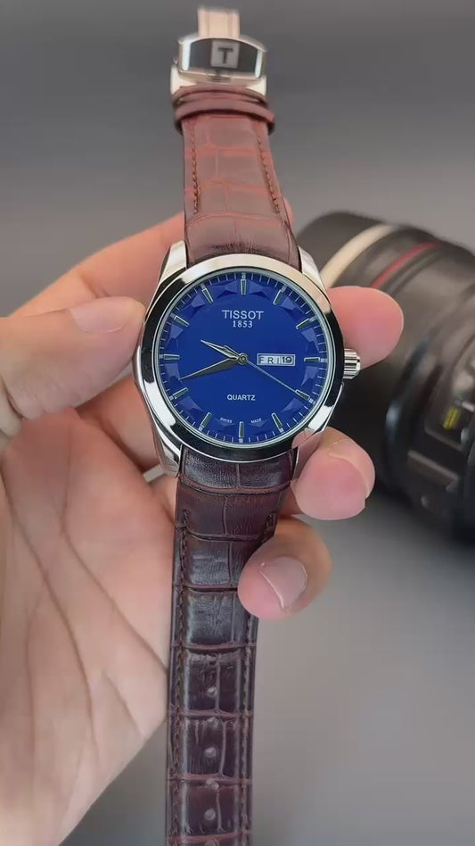 Men's Day & Date Watch - Blue Dial & Brown Strap